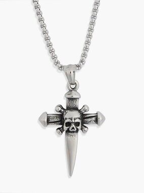 Ed Hardy Silver Skull Cross Dagger Pendant Necklace